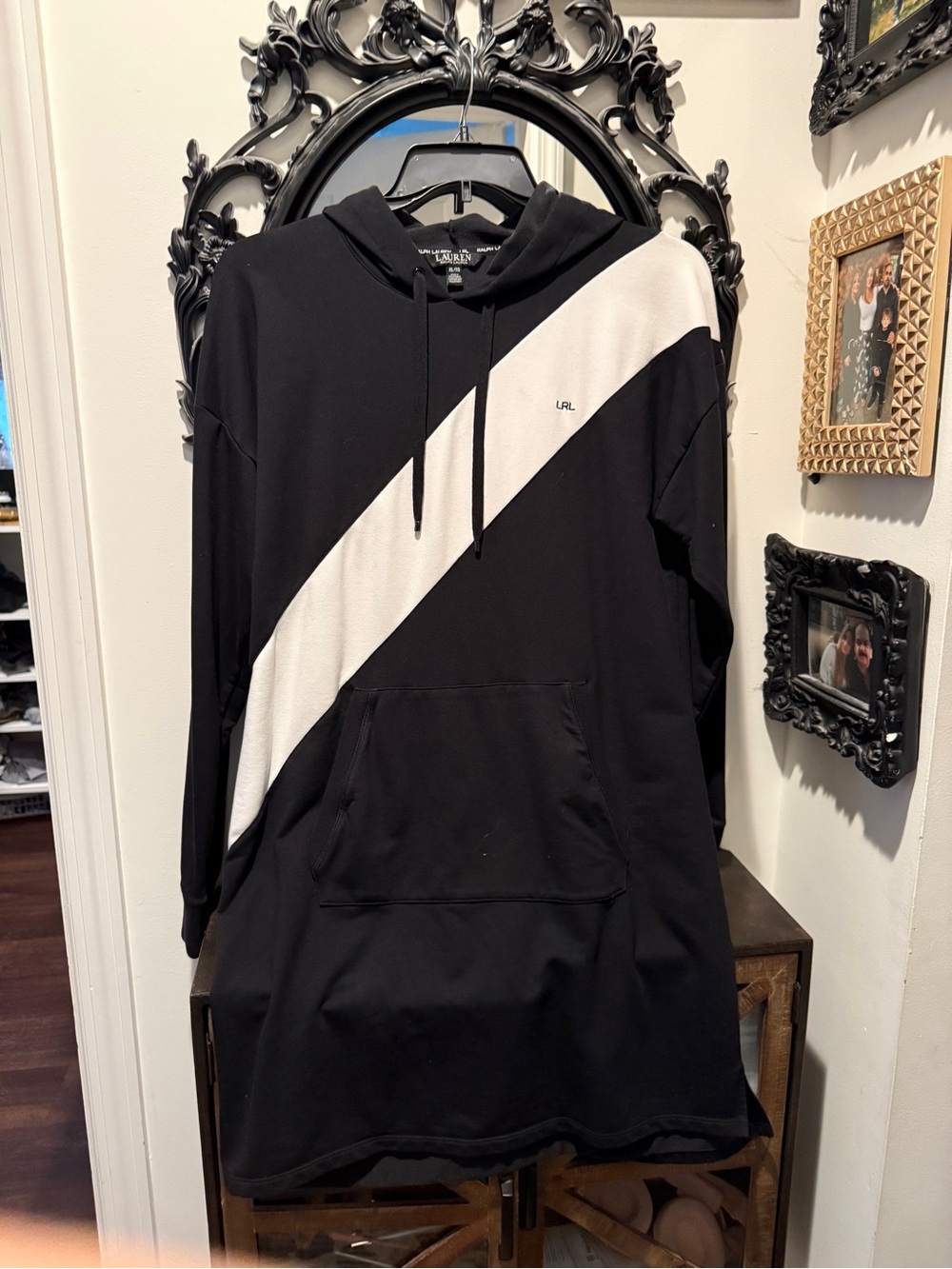 Lauren Ralph Lauren LRL Hooded Sweatshirt Dress Black White Stripe XL